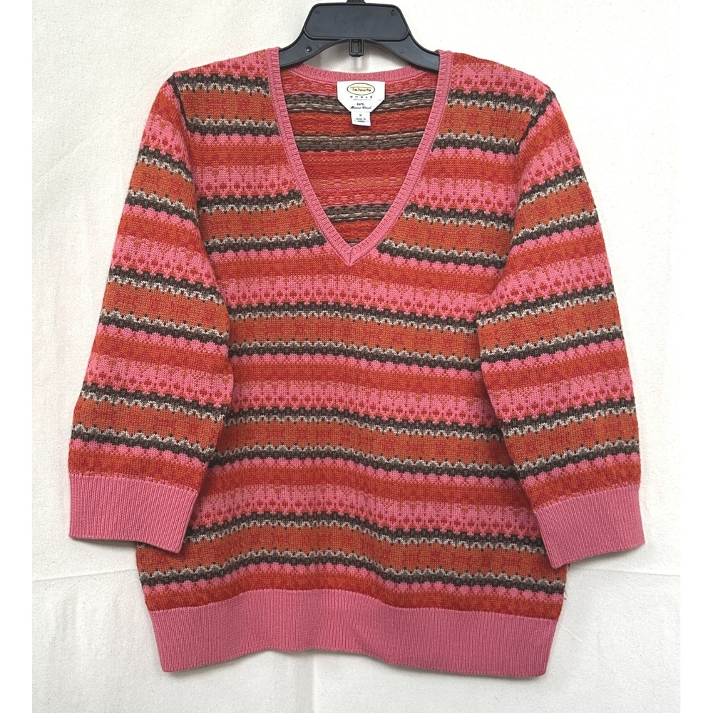 Vtg Talbots Woman Old Money 100% Merino Wool Fair Isle V-Neck Knit Sweater Sz X